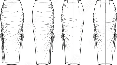 Drawstring ruched midi pencil skirt fashion flat sketch, technical apparel template, woman skirt design front and back view, vector illustration