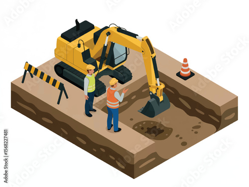 Two construction workers in hard hats and safety vests discuss plans near a yellow excavator and a trench on a white background isolated on white background