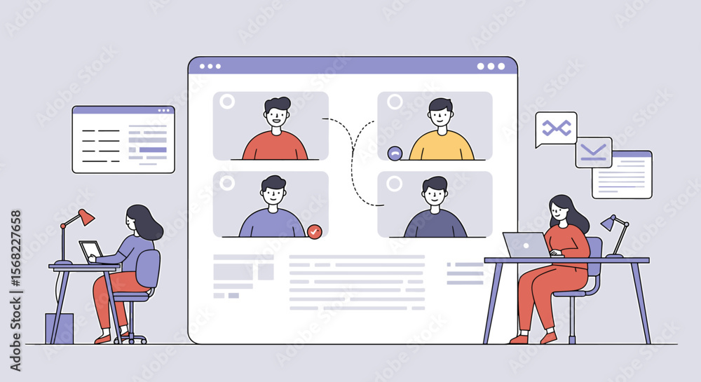 Illustrated Video Conference with Participants and Remote Workers at Desks. Illustrated Video Conference with Participants and Remote Workers at Desks.