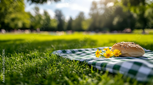 Fototapeta Naklejka Na Ścianę i Meble -  Sunny Picnic in the Park: Bread and Flowers on a Checkered Blanket