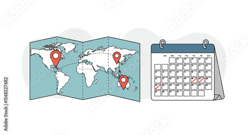 Illustrated World Map with Location Pins and Marked Calendar Dates