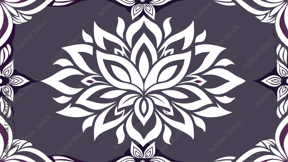 Obraz premium White and purple floral mandala pattern on dark purple background vector