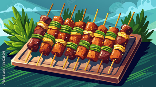 Italian Spiedini kebabs display alternating veal, breadcrumbs, and herbs, tightly packed on skewers, ready to be served hot and fragrant.