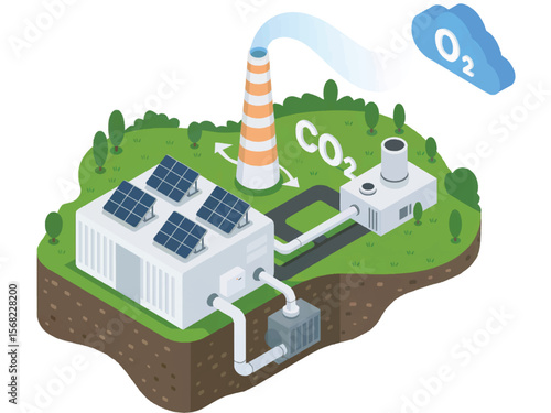 Illustration of a sustainable energy plant with solar panels and a smokestack emitting oxygen and carbon dioxide isolated on white background