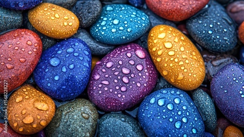 Colorful Wet Stones with Water Drops on a Surface