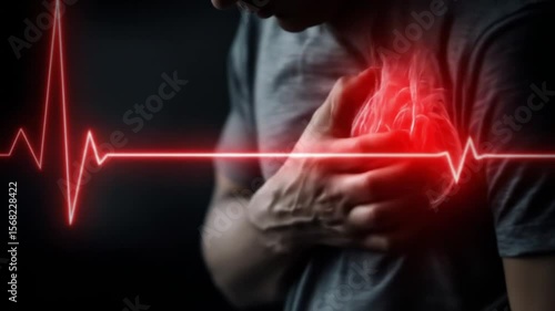 Heart attack warning - man with chest pain. A man clutching his chest symbolizes a heart attack or severe chest pain, with a glowing red ECG line. For medical, emergency response, cardiology,education