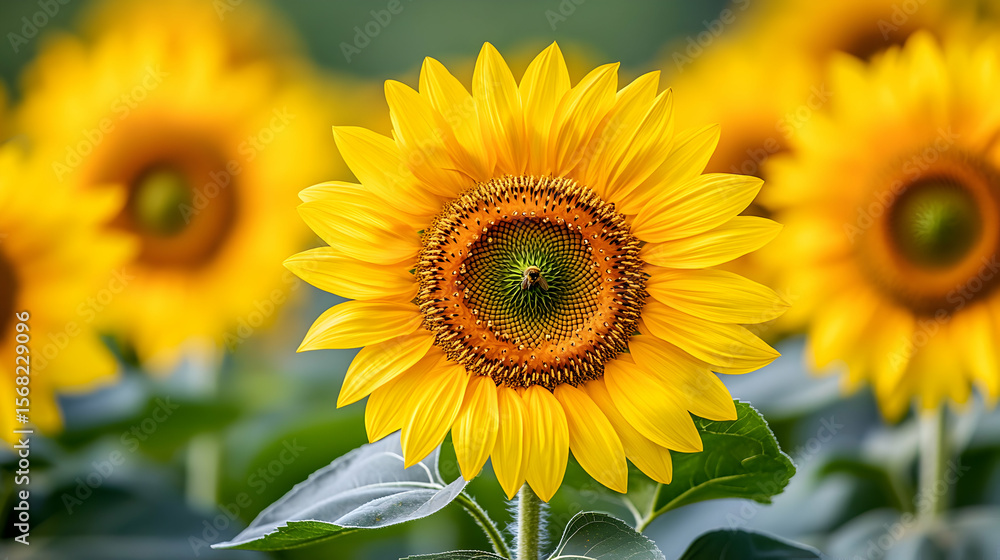Fototapeta premium Close-up of several sunflowers in a field.