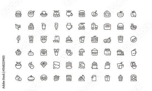 A  collection of thin line vector illustration icons in black different food-related concepts, such as burgers, fruits, drinks, meals, easily editable and scalable.