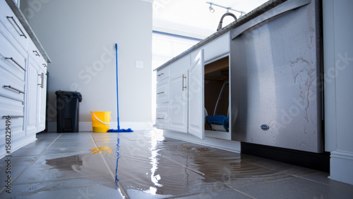 A massive water leak floods a modern kitchen floor from beneath a stainless steel sink, reflecting overhead lighting on wet tiles.