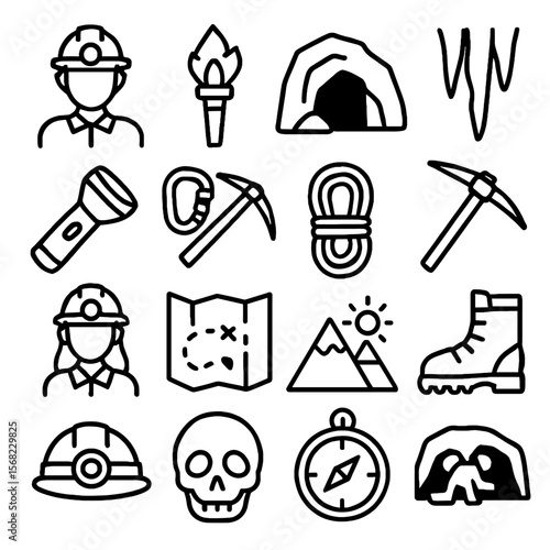Spelunking Icon Set: Miners, Tools, and Cave Exploration