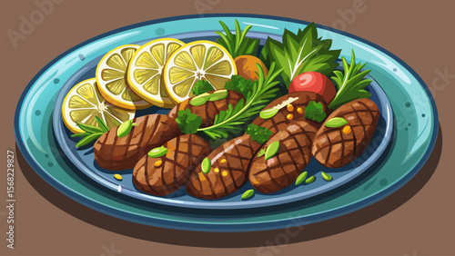 Lamb Kofte, Turkish-style, made in European eateries, are shaped into oval patties, grilled with visible herbs and seared crusts, artfully arranged with a lemon wedge.