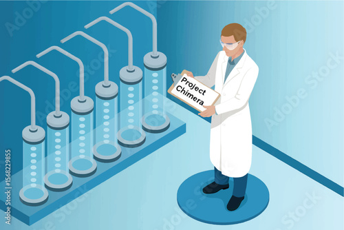 Scientist wearing lab coat and safety glasses holding clipboard with project chimera text near laboratory test tubes isolated on white background