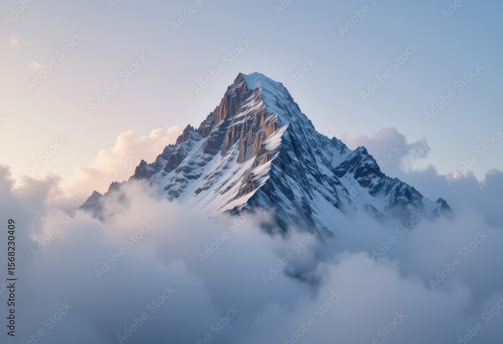 Fototapeta premium Close up Snowy Mountain Peak Emerging from Clouds