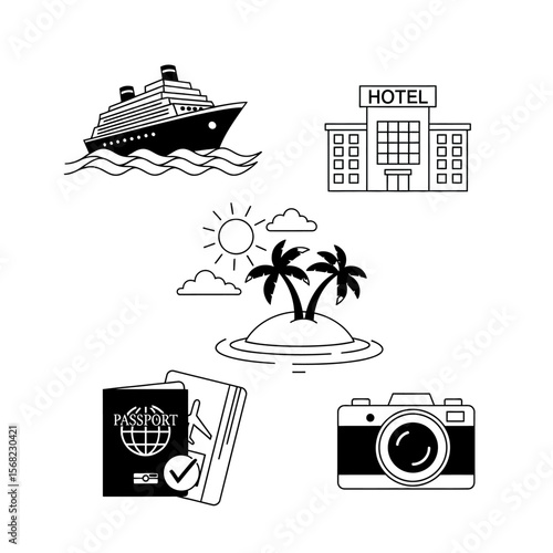Illustrations of cruise ship hotel island passport and camera icon