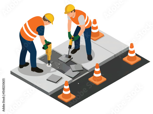 Two construction workers wearing safety vests and hard hats use jackhammers to break up pavement on a road repair project isolated on white background