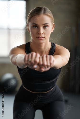A blonde athlete in workout clothes engages the camera while demonstrating perfect form in a bright, well-equipped gym space. Free Download A blonde athlete in workout clothes engages the camera while demonstrating perfect form in a bright, well-equipped gym space. - GFXLoad