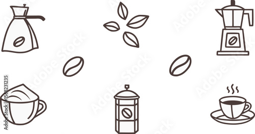Coffee making and drinking icons beans moka pot