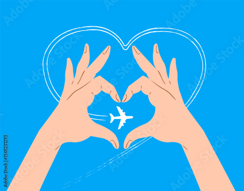 Hands are enclosed in a gesture of the heart flying through the bright blue sky. Vector conceptual illustration. Travel, tourism, flights.