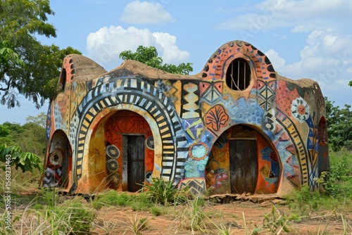 Round shaped colorful traditional african house standing in the savanna
