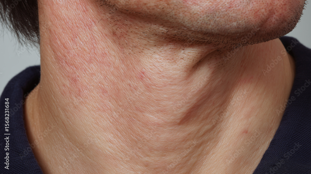 Obraz premium Close up of male neck showing stretched skin and visible lymph node area with slight redness and facial hair stubble, highlighting natural skin texture and detail