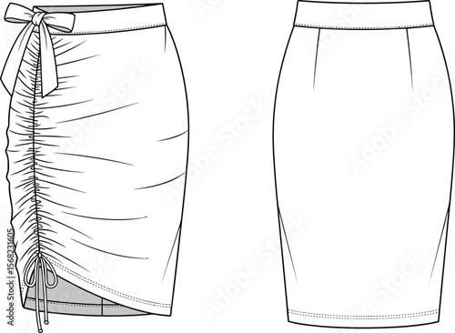 Fashion technical flat sketch of trendy women's ruched drawstring skirt and plain bodycon pencil skirt design for clothing production, vector illustration
