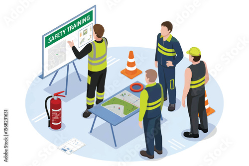 Diverse group of workers in safety vests and hard hats attending a safety training session with a presentation board and fire extinguisher isolated on white background