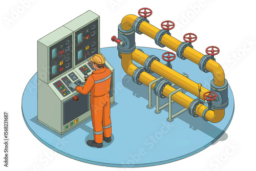 Industrial worker in orange uniform operating a control panel next to a complex system of yellow pipes and red valves isolated on white background
