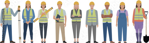 Group of diverse construction workers in safety gear, hard hats, reflective vests, teamwork illustration, engineering professionals, vector isolated on white background