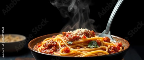 Steaming spaghetti bolognese in rich sauce, black background,   black,  sauce