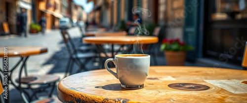 Steam rises from a dark espresso in a small white cup, sitting on a weathered cafe table outside on a sunny Italian sidewalk,  travel,  vintage