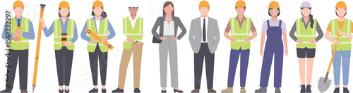 Construction team illustration, diverse workers vector, engineers and builders, safety gear, hard hats, professional characters, teamwork concept, flat design people, industry art