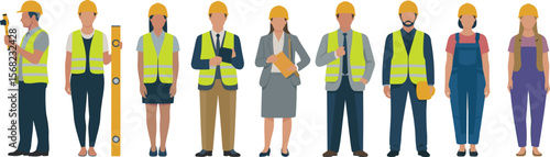 Team of construction workers and engineers wearing safety vests and helmets, diverse professionals, industrial teamwork, architecture staff, building industry illustration