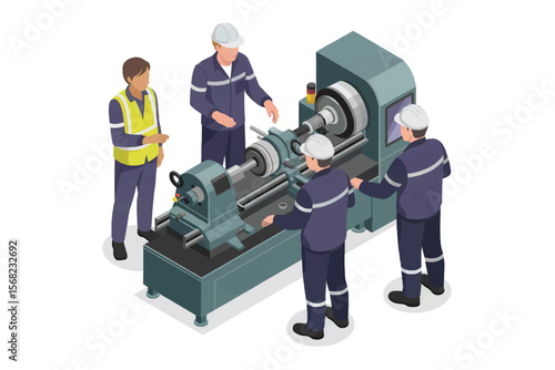 Team of factory workers in hard hats and safety vests gathered around a large industrial lathe machine isolated on white background