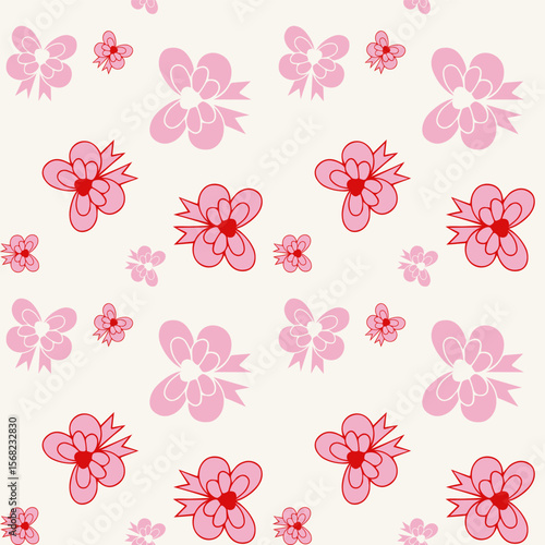 Pattern with different pink bows with striped background, seamless pattern for girl, coquette core design