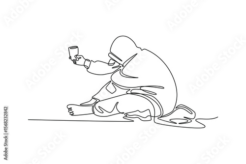 homeless man. effects of world war concept. Single line draw design. Vector graphic illustration