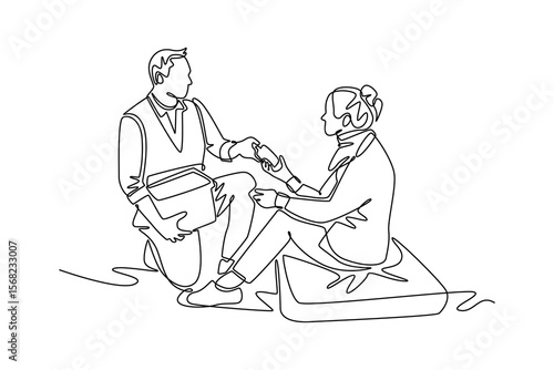Young volunteer passing bottle of water to senior female refugee. effects of world war concept. Single line draw design. Vector graphic illustration