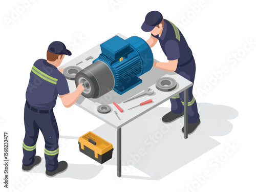 Two mechanics in uniform working together on a large electric motor assembly with tools and bearings on a table isolated on white background