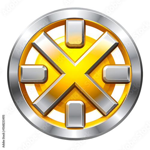 Metallic circular logo design element with yellow x