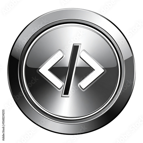 Metallic round button with code symbol digital technology graphic