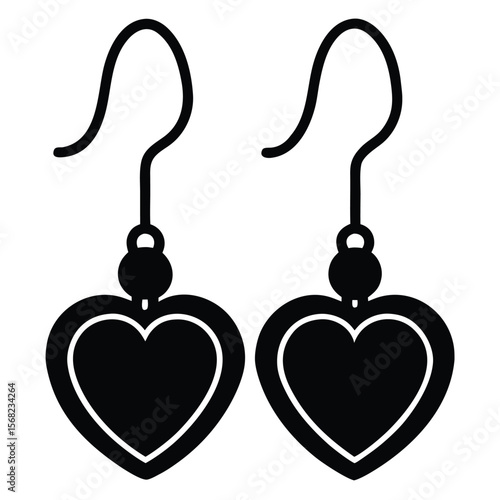 Pair of black heart shaped dangle earrings with hooks isolated on white background