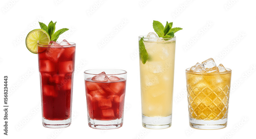 Fototapeta premium Four refreshing cocktails with ice and garnishes isolated on transparent background