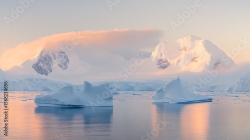 Antarctic Icebergs and Mountains at Sunset