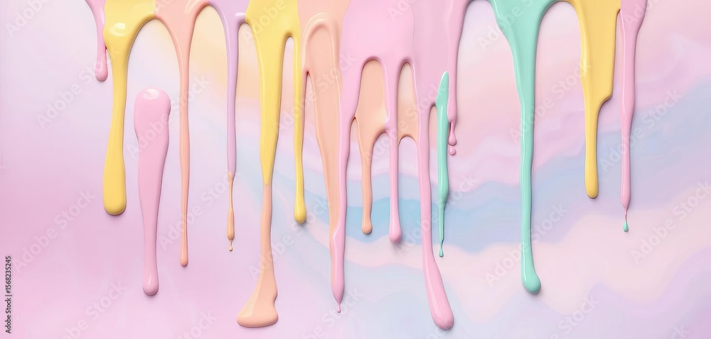 Naklejka premium Vibrant paint drips cascade down pastel ombre backdrop, glossy, vibrant