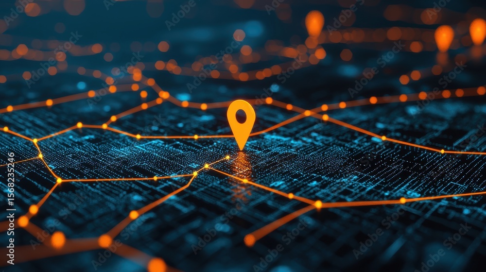 Obraz premium Futuristic digital map with glowing location pins, travel lines connecting cities, dark background with data overlays