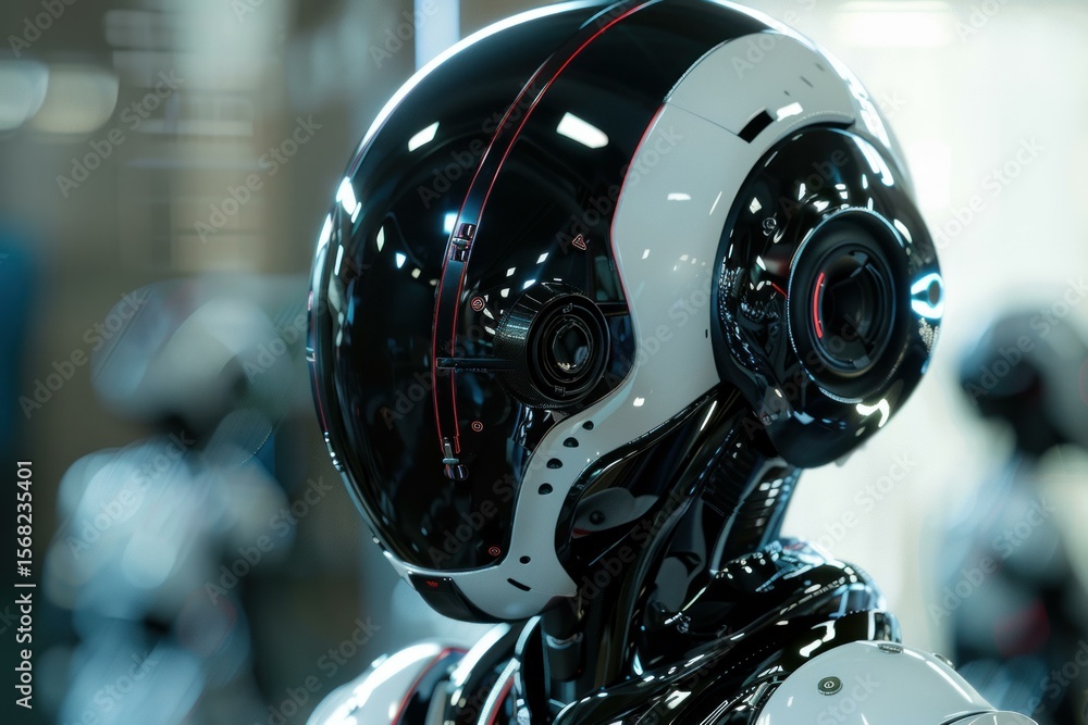 Fototapeta premium Futuristic humanoid robot with a black and white helmet is standing in a research laboratory