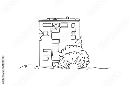 destruction of school buildings and education. effects of world war concept. Single line draw design. Vector graphic illustration