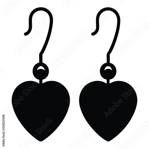 Pair of black heart shaped dangle earrings with hooks isolated on white background