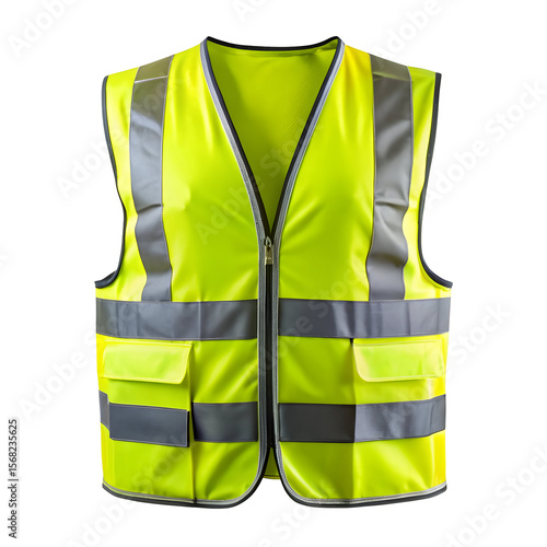 A bright yellow safety vest with reflective stripes and pockets isolated against a black background
