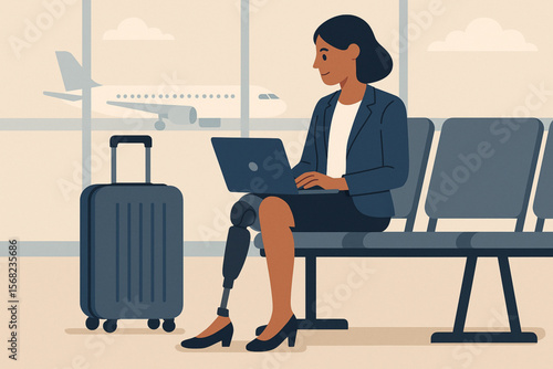 Flat vector illustration of professional woman with prosthetic leg working on laptop in airport terminal