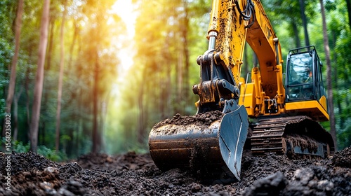 Fototapeta Naklejka Na Ścianę i Meble -  Yellow excavator working in a forest.